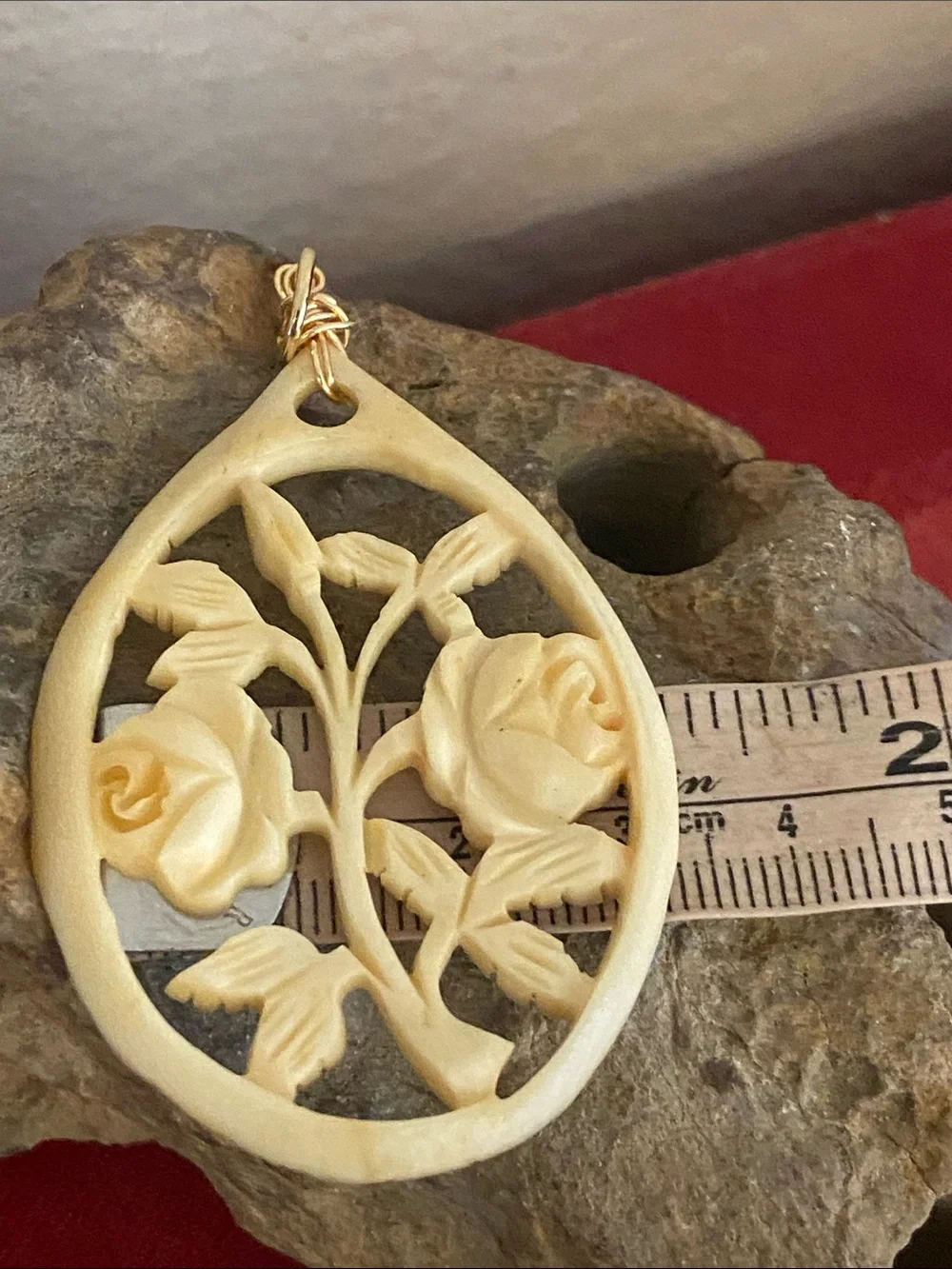 Vintage Hand Carved Bovine Bone Teardrop Art Nouveau Pendant